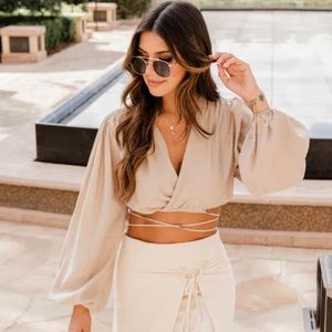 Pink Lily boutique tan lace up crop top